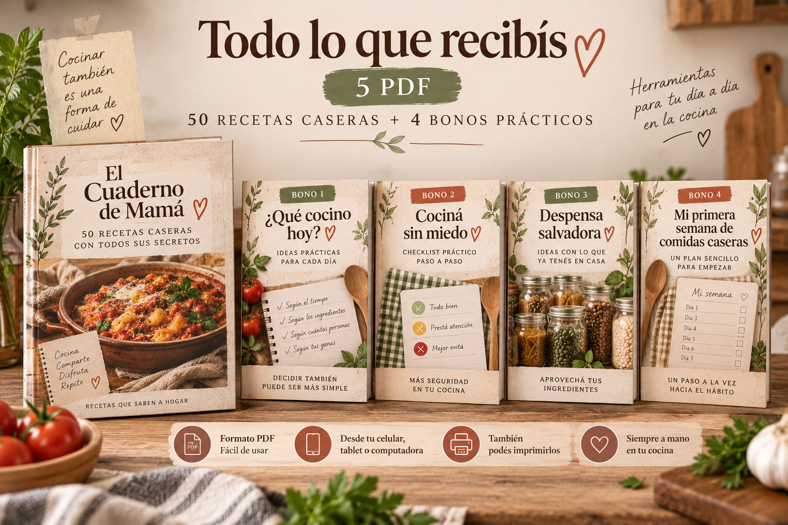 Composición con los 5 PDF: el recetario y los 4 bonos